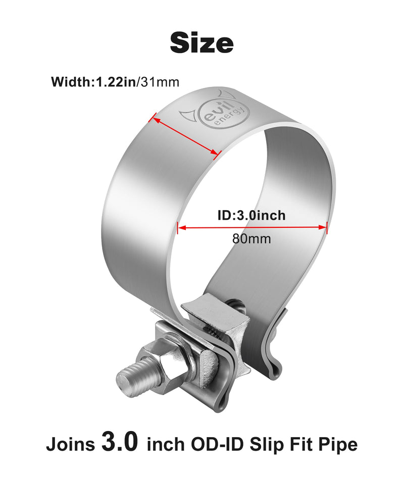 EVIL ENERGY 3.0 Inch Exhaust Clamp,Narrow Band Muffler Clamp Stainless Steel for Pipes,Mufflers,Catalytic Converters 2PCS 2