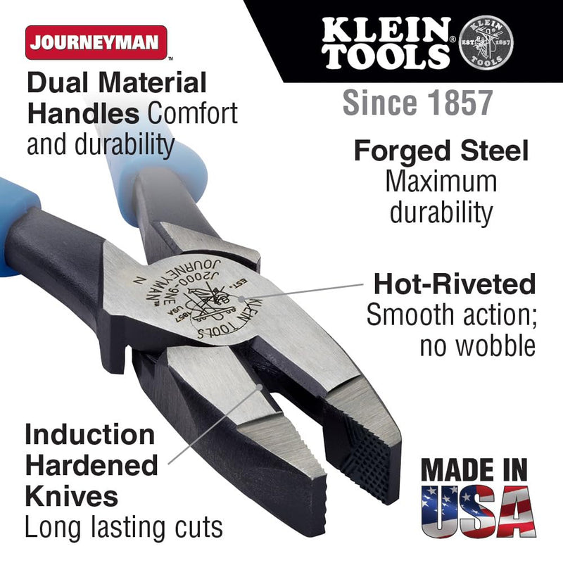 Klein Tools J2000-9NE Side Cutter Linemans Pliers, Made in USA, High Leverage 9-Inch Pliers Cut ACSR, Screws, Nails, Wire Cuts