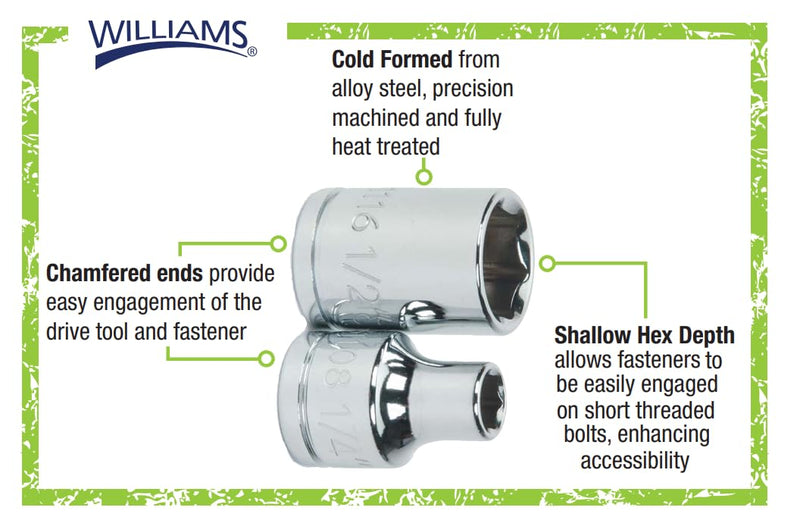 Williams 12-Piece 3/8 Inch Drive Shallow Metric Socket Set, Includes Sizes 8 to 19 mm, Designed for 6 Point Fasteners, Durable Alloy Steel, High-Polished Chrome Finish