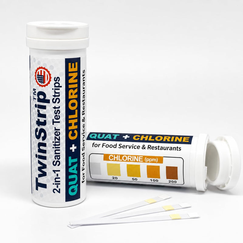 2-in-1 Quat & Chlorine Sanitizer Test Strips, 200 Count | 0-400 ppm quats, 0-200 ppm chlorine, Food service sanitizer testing, 3-compartment sinks, Restaurant Supplies
