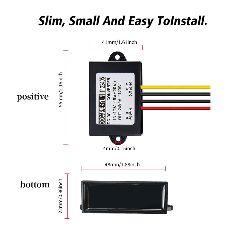 DC 12v Step up to 24v Converter Regulator 5A 120W Power Supply Adapter for Motor Car Truck Vehicle Boat Solar System etc.(Accept DC9-20V Inputs) DC 12V to 24V 5A