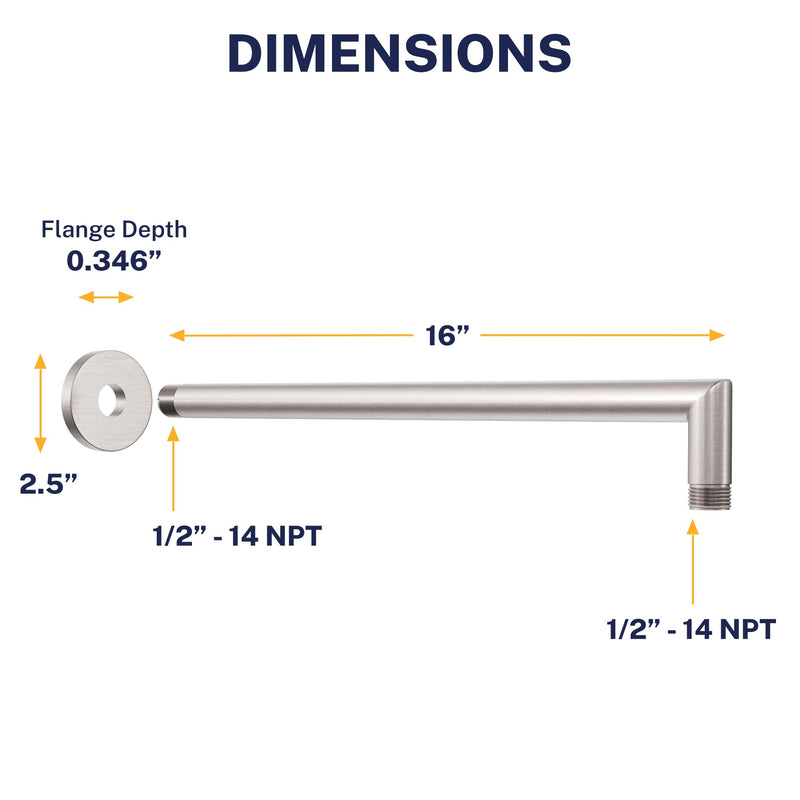 HammerHead Showers® Solid Metal 16 Inch Extended Shower Arm and Flange with Set Screw, Long Shower Arm, Extends Rain Shower Overhead, Wall-Mounted Rain Shower Arm, Brushed Nickel
