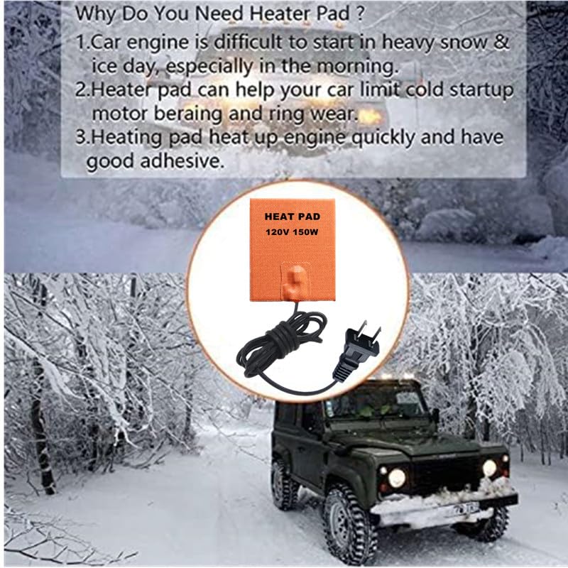 Silicone Engine Heated Pad 100X130mm, 120V Engine Heater Pad, 150W Adhesive Flexible Heating Pad for Car Oil Pan/Tank type, Built-in Thermostat, for Metal Surface only, Quick Heating