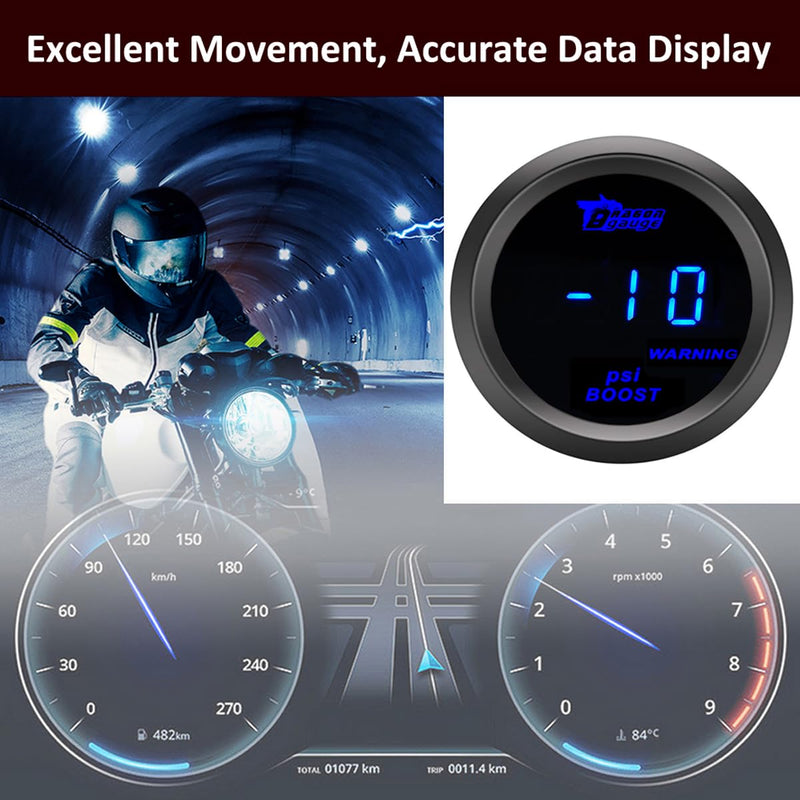 Car Boost Gauge 12V Auto Boost Psi Gauge 2" 52mm Turbo Boost Gauges Meter Digital Blue Light Instruments -30-0 - 30 Psi Smoke Tint Len with Sensor Blue Light Boost Gauge Psi