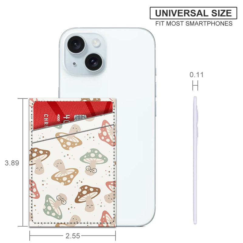 Phone Card Holder, Dual Pocket Leather Phone Wallet Adhesive Stick On, Cute Card Holder, Credit Card Holder for Phone Case Compatible with Most Phone （Boho Mushroom） Boho Mushroom