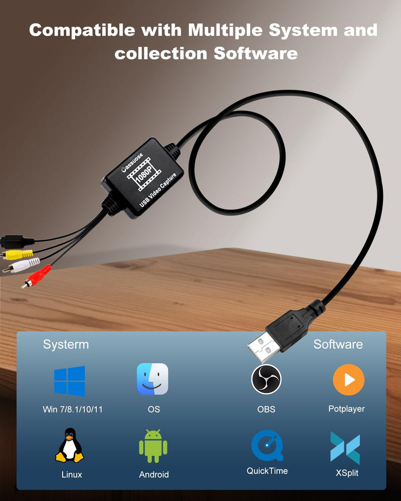 VHS to Digital Converter,USB-A/USB-C Video 1080P Capture Card,RCA/AV to USB2.0 Audio Video Transfer Grabber,Convert Analog VHS VCR Hi8 Mini DV to Digital Converter,for PC DVD Tape Camera