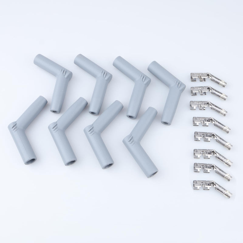 45 Degree Replacement Spark Plug Wire Silicone Boot and Terminal Kits for 7mm-8.5mm Wire, Pack of 8 45 Degree Gray