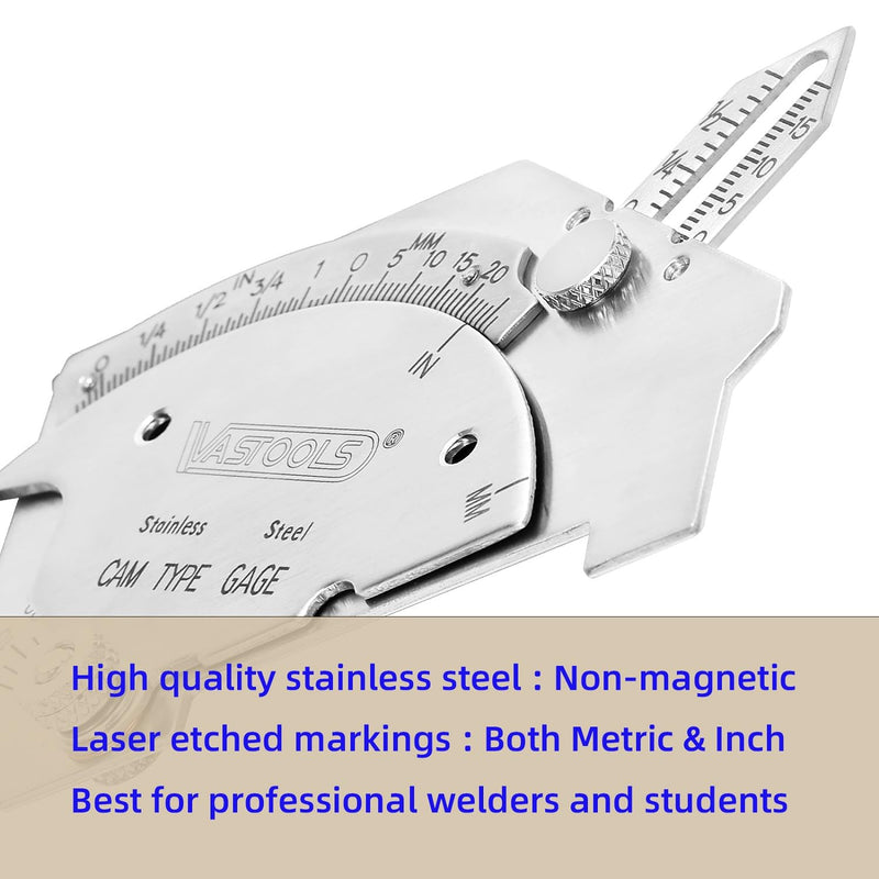 VASTOOLS Cam Weld Gauge,Stainless Steel,Metric & Inch,Linear Measurements up to 2"(50mm),Permanently Etched Markings and Thickness for Professional Welders MG-8