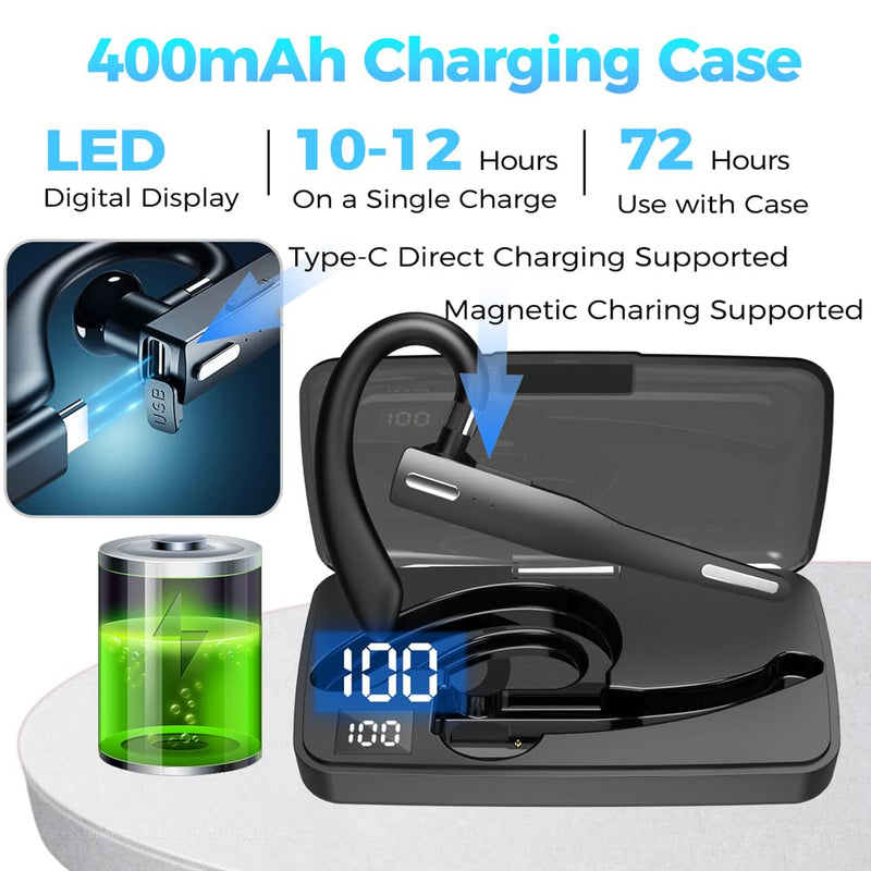 AI Bluetooth Headset Wireless Bluetooth Headphone Earphone Earpiece with Translation, Noise Cancelling, Last 72H, Single-Ear Earbuds with Microphone, for Phone/PC/Laptop, Daily/Office/Trucker Classic Black