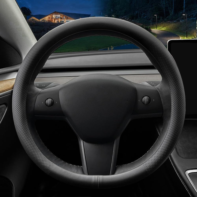 LKWLIKEI Nappa Leather Ultra-Thin Steering Wheel Cover, for Tesla Model 3/Y Steering Wheel Cover, Non-Slip Design and Interior Modification of car Accessories (Black) Black2