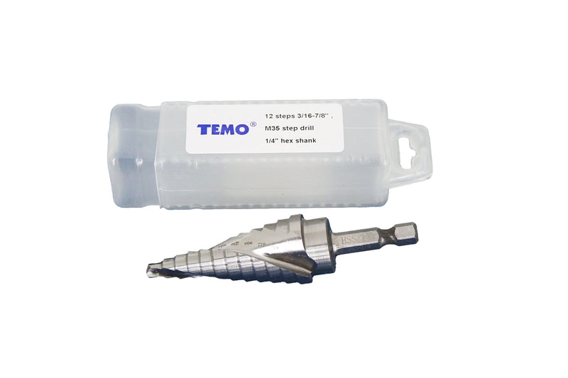 TEMO M35 Cobalt Spiral Flute Step Drill Unibit, 12 Size 3/16 Inch to 7/8 Inch, 1/4 Inch Hex Shank 3/16" - 7/8"