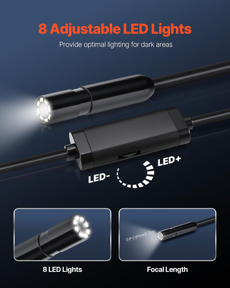 VEVOR Endoscope Camera with 49.2FT Semi-Rigid Cable, 1920P HD Borescope for Android & iOS, Industrial Inspection Tool with Light - 8 LED, 2X Zoom, IP67 Waterproof Snake Camera for Auto, Plumbing