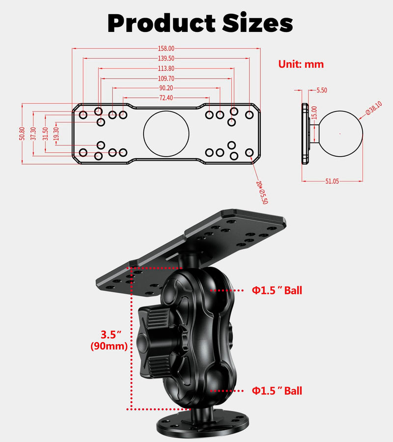 VAZESWIN Aluminum Alloy Fish Finder Mount with C Size 1.5" Ball Rectangular Plate & Round Base, 3.5" Short Arm Marine Electronic Mount Compatible with Garmin, Lowrance, Humminbird, Raymarine and More