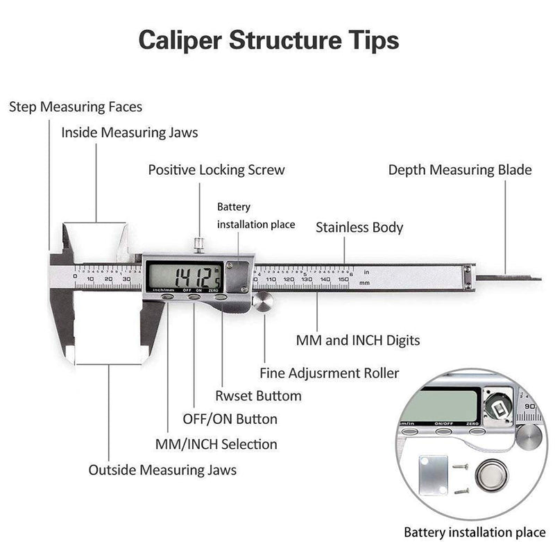 Digital Caliper, Caliper Measuring Tool with Stainless Steel, Electronic Micrometer Caliper with Large LCD Screen, Auto-Off Feature, Inch and Millimeter Conversion (6 Inch/150 mm) silver Digital Caliper