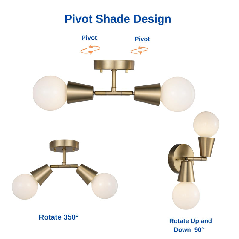 2-Light Modern Track Lighting Kit,Matte Brass Pivot Light Head, Flush Mount Adjustable Ceiling Light Spotlights for Bedroom,Living Room,Dining Room, Hallway,E26 Bulb Not Included