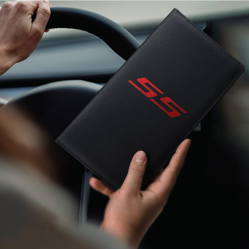 Leather Car Registration and Insurance Cards Holder Compatible with Chevy Camaro SS, Vehicle Glove Box Car Organizer with Magnetic Shut, Documents License for Camaro SS Owners Large (23cm x 25cm) Black Box -Red SS