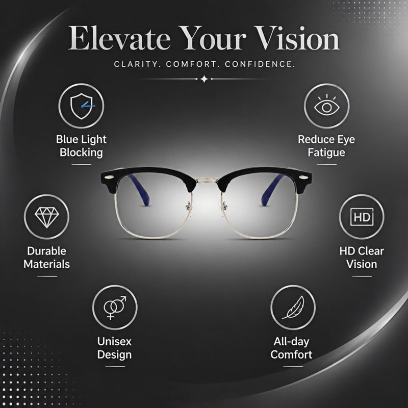 Semi Rimless Blue Light Blocking Glasses, Clear Lens Computer Gaming Glasses, Retro Stylish Eyeglasses Black Siver Frame
