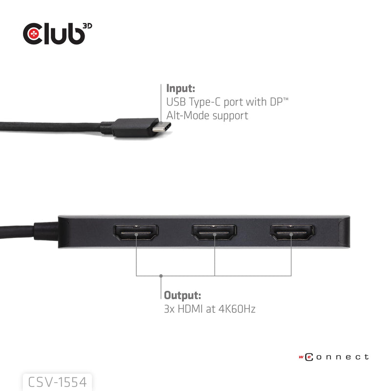 Club 3D CSV-1554 USB Type C(DP Alt-Mode 2.1) to HDMI Triple Monitor 4K60Hz M/F MST hub