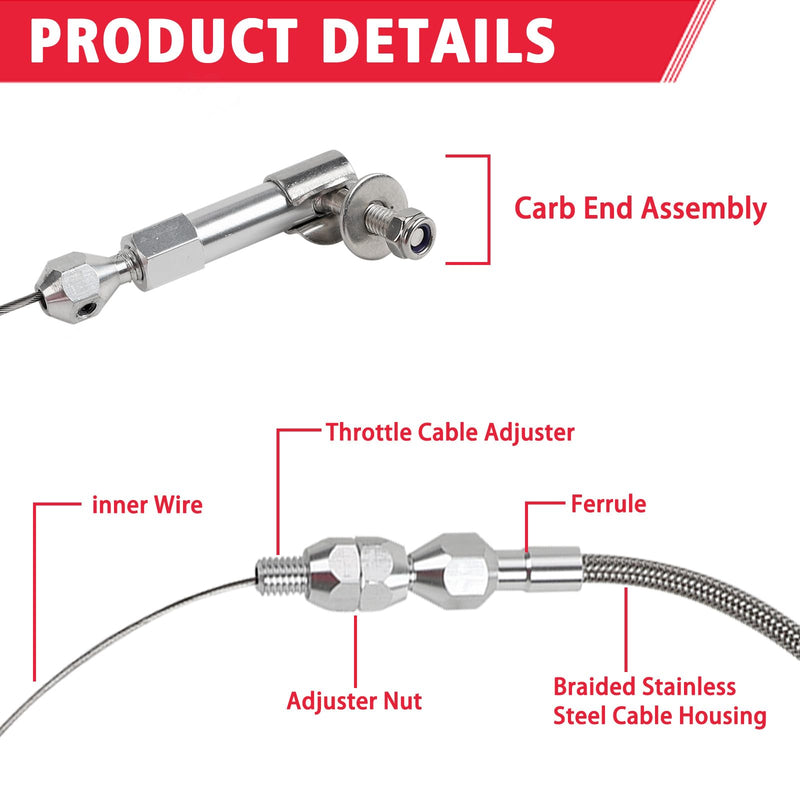 24"" Hi-Tech Universal Throttle Cable Kit Braided Stainless Steel with Aluminum Fittings Ferrules, Replacement Accelerator Cable 24 inch Long Cut To Fit