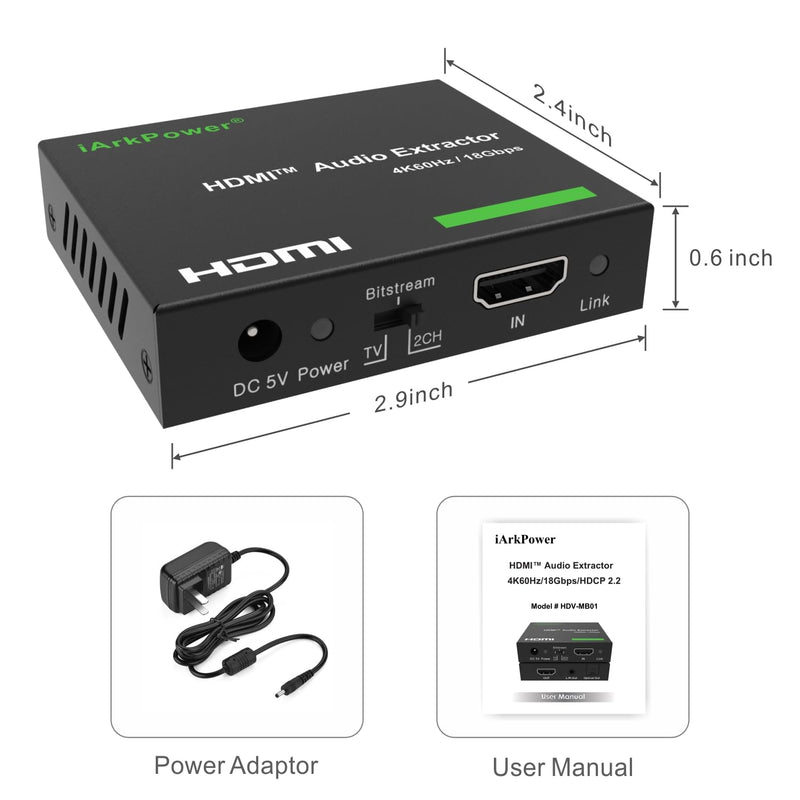 HDMI 2.0 Audio Extractor 4K60Hz HDMI to Optical + 3.5mm Analog Audio Splitter Support Dolby Vision, Dolby Atmos, HDR10, HDCP 2.2, CEC 4K60Hz w/o ARC