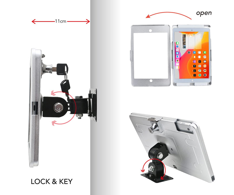 On Wall Mount Metal Bracket for iPad 10.2-Inch (9th,8th,7th Gen.),with Anti Theft Security Lock, Rotate Design,Multi Angle, Horizontal and Vertical Screen Swivel,(Silver) Silver
