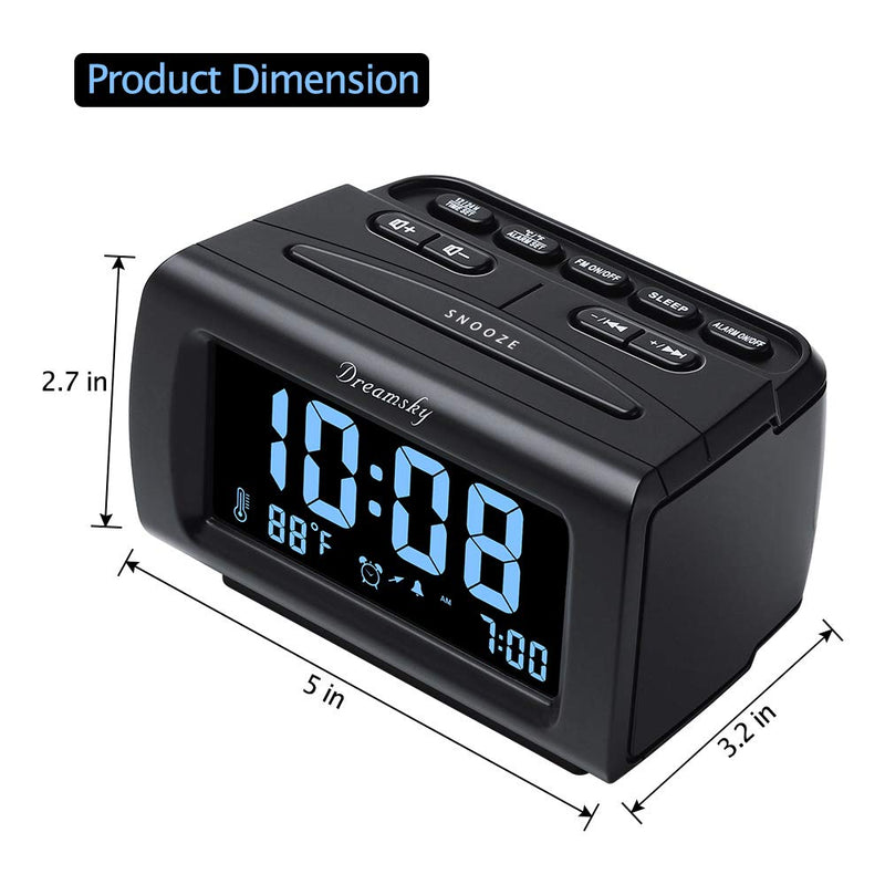 DreamSky Alarm Clock Radios for Bedrooms with Battery Backup, Large Big Numbers with Dimmer Wheel, USB Port, Bedside Digital FM Radio with Sleep Timer, Temperature, Adjustable Volume, Snooze Black