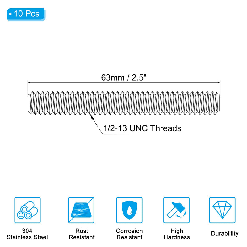 PATIKIL 1/2"-13 UNC 304 Stainless Steel Fully Threaded Rod, 10Pcs 2.5" Length Long Threaded Screw Right Hand Threads All Threaded Rod Studs for Anchoring Bolt, Clamps, Hangers and U-Bolts 1/2"-13 x 2.5"