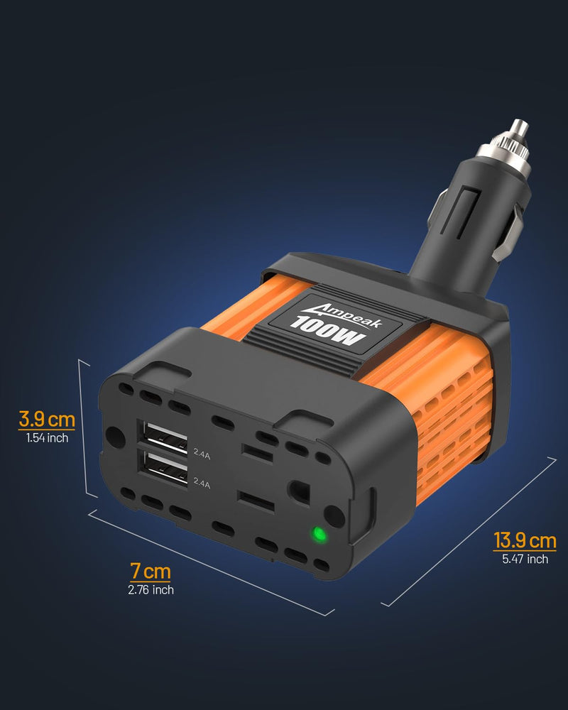 Ampeak 100W Car Power Inverter 4.8A Dual USB Ports AC Outlet 11 Safe Protections Cordless Cigarette Lighter Adapter for iPhone iPad Orange