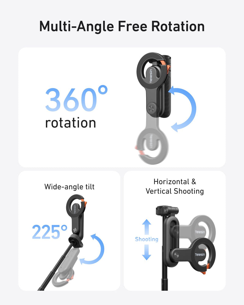 TELESIN Magnetic Mini Selfie Stick Tripod with Phone Camera Grip | 5 in 1 Cell Phone Stand with Detachable Button for iPhone 17 16 15 14 & Android, Pocket Size Phone Tripods with Carabiner