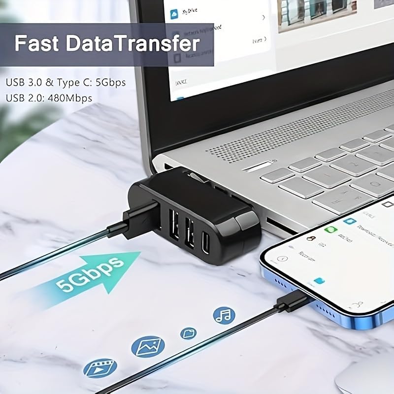 4-Port USB 3.0 Hub [90°/180° Degree Rotatable] | USB Splitter with PD-in 5W USB C Port, USB Extender for Laptop, Car, iMac, MacBook Air, MacBook Pro, and More