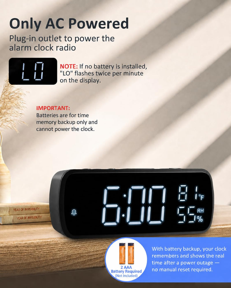 Digital Alarm Clock with FM Radio for Bedroom | 2 Alarms with Large LED Display,Snooze,USB Charger,Preset, Dimmer,Sleep Timer,Temperature,Relative Humidit,Adjustable Volume