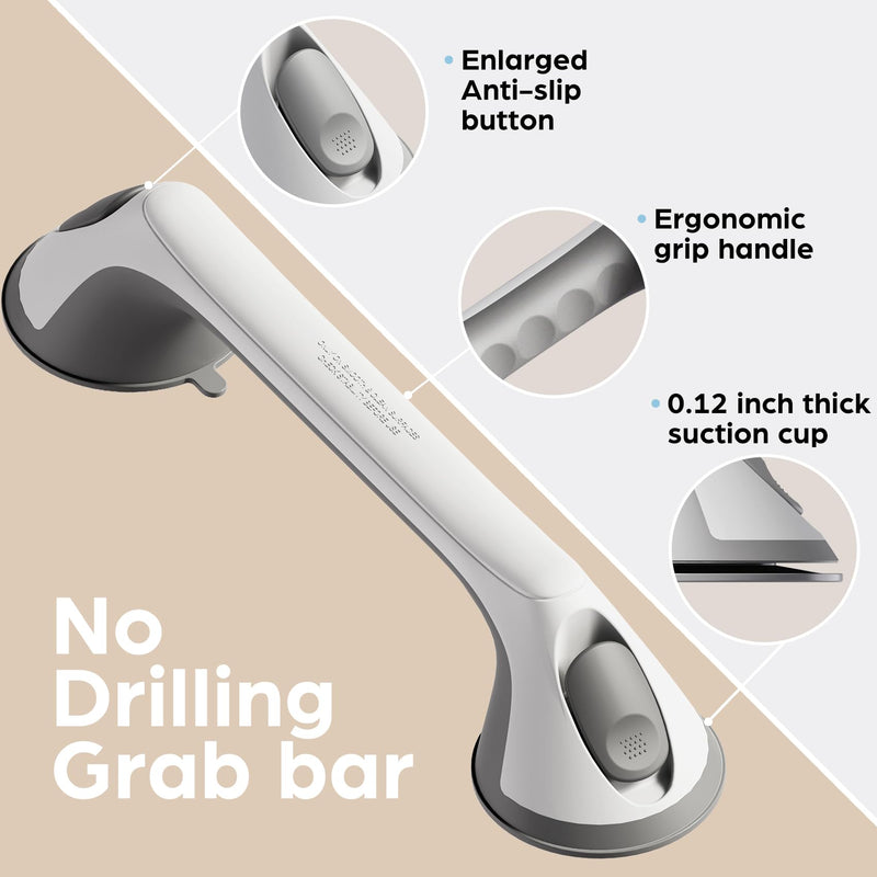 2 Pack 16 Inch Grab Bars for Bathtubs and Showers for Seniors, Heavy Duty Shower Handle for Elderly, Suction Cup Removable Handrails Handicap Bath Grip Bathroom Safety Grips (Gray 16″ Gray