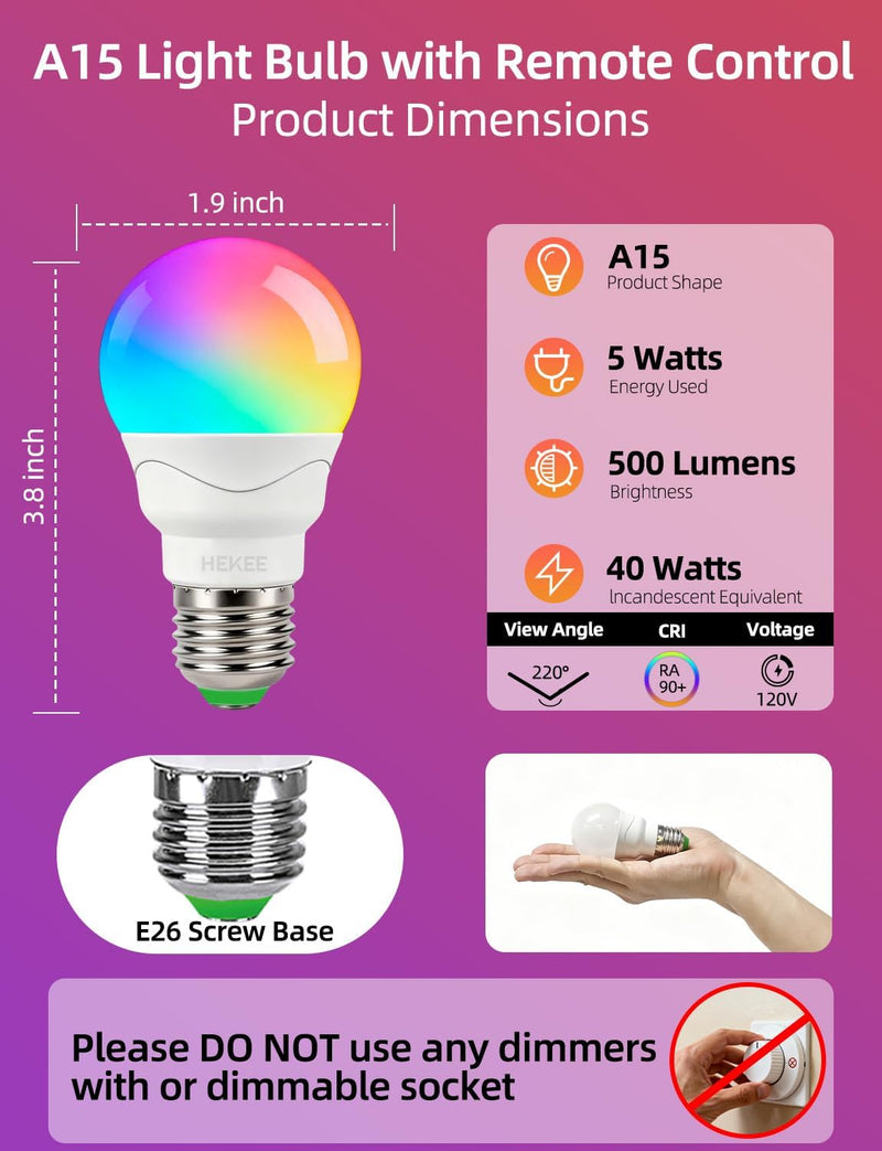 HEKEE Color Changing Light Bulbs E26, 40W Equivalent, 500LM, 3CCT, 9 Colors, 5 Dynamic Color Modes, Sleep Mode, Timer A15, 5W LED with 2 IR Remote Controls(6 Packs) 6 Pack
