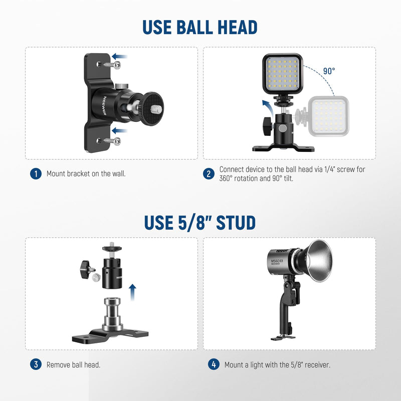 NEEWER 2 Pack T Type Wall Ceiling Mount, Ring Light Wall Mount Bracket with Detachable Ball Head, 5/8" Stud, 1/4" Screw for Flash Strobe Camera Monitor Studio Lighting, Max Load: 4.4lb/2kg, TS008