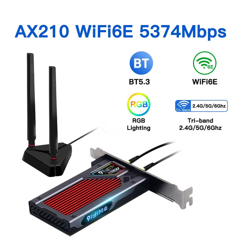 fenvi AX210 WiFi 6E PCI-E WiFi Adapter BT5.2 RGB Gaming 802.11ax ac 160MHz 2.4GHz 5GHz 6GHz Tri-Band 5400Mbps AX210NGW Desktop WiFi Card for PC Windows(Only WiFi 6E Router Antennas Support 6Ghz Band)