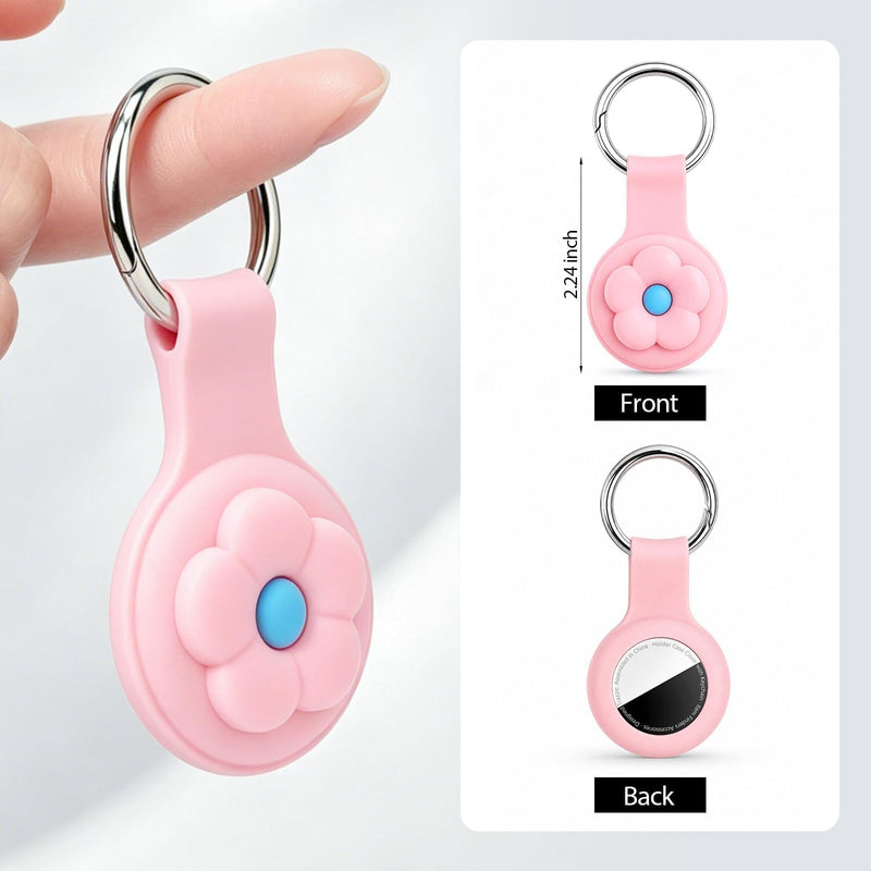 Linsaner Silicone Case Compatible with AirTag, Pink+Pink Flower | Cute 3D Cartoon, Shockproof, Keychain Cover, Kawaii, Tracker Holder, Key Ring, Kids Backpack, Purse, Keys E8-Pink+Pink Flower