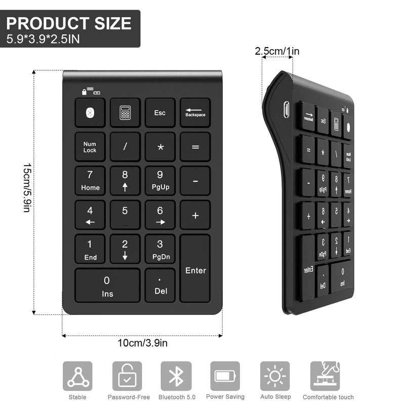 Bluetooth Number Pad Wireless & Wired 10 Key USB Keypad Two in One, Rechargeable Numpad for Laptops, Desktop, Computers Accessories Compatible with MacBook iPads ChromeBook EliteBook Notebook etc. Black