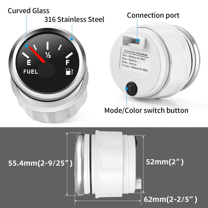 2" Fuel Level Gauge 8 Color Backlight 5 Signals Adjustable 0-190ohm,0-180ohm,10-180ohm,240-33ohm,240-30ohm,Fuel Gauge Kit for Boat Car RV Truck Vehicle Motorcycle 52mm(2")