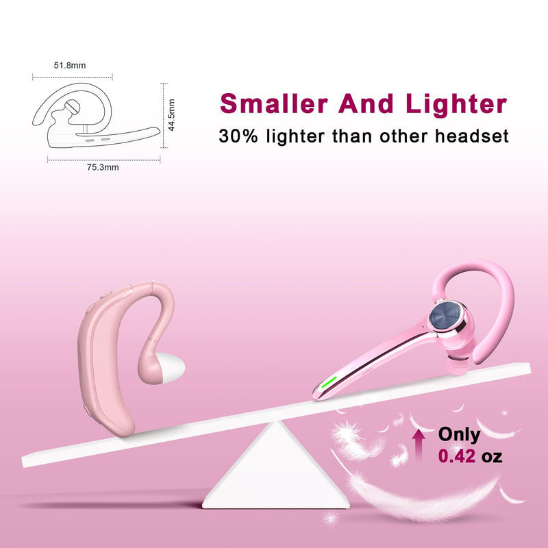 HEIBAS Bluetooth Headset, Wireless Earpiece with Mic for Work | 72H Playtime, 500mAh Charging Case, Hands-Free Calling with Mute Button for Work, Trucker, Office, Driving, iPhone, Pink