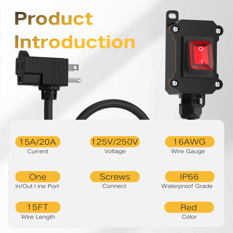STARELO Extension Cord with on/Off Switch, IP66 Waterproof,Inline Power Switch with 15FT 16AWG Cable Piggyback Plug(3-Pronged), Outdoor Power Switch AC/DC 20A-125V, 16A-250V, Red Light Rocker Button