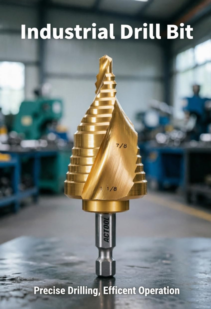 Industrial HSS Step Drill bit 7/8''-1-1/8'' with 1/4'' Hex Shank, Unibit Double Spiral Flute with TiN Coating for Metal, Stainless Steel, Aluminum, Plastic 7/8''-1-1/8''