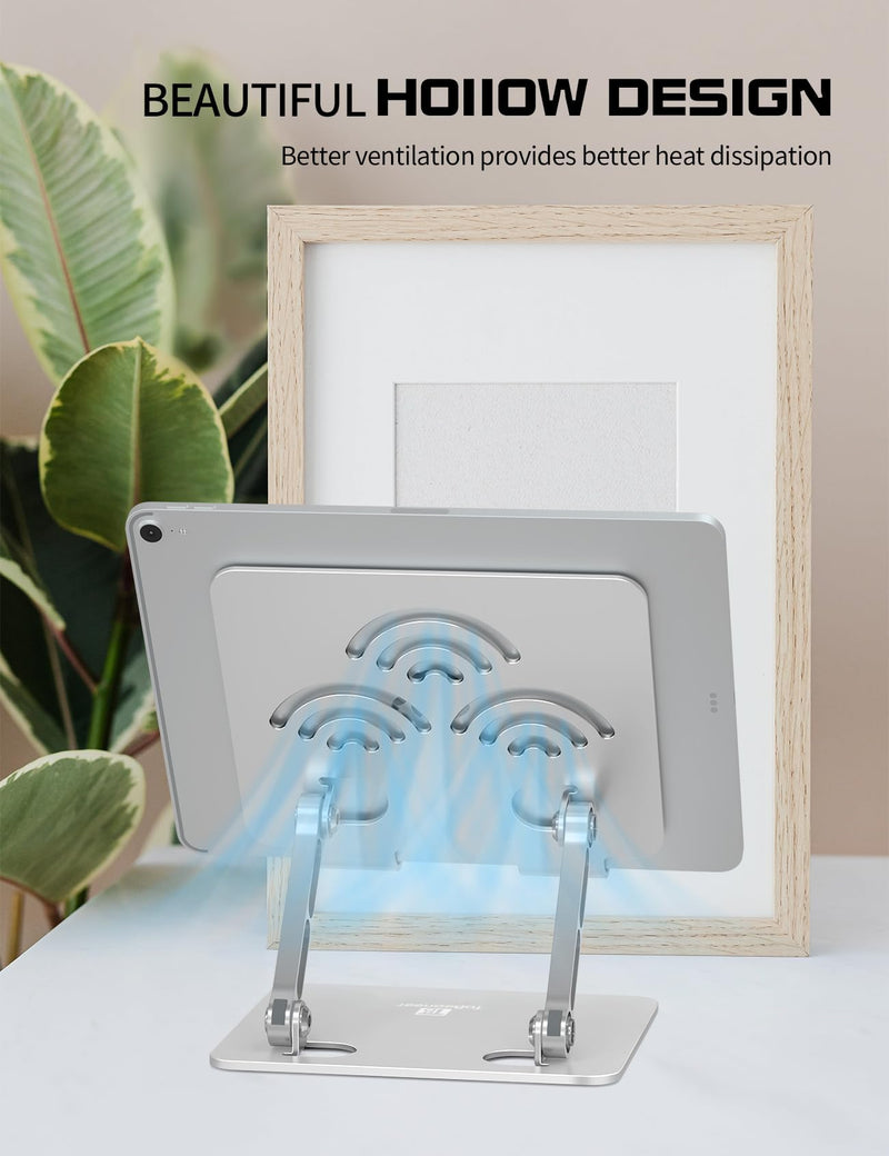 Tablet Stand Dual Adjustable Ipad Stand for Desk, and Premium Aluminum Stand Holders, Portable Ipad Holder Fits to all tablets, kindle, Switch,Phones and laptops up to 12.4 inches.(Silver) Silver