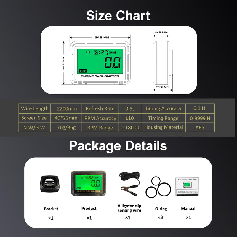 Small Engine Tachometer, Digital Tachometer Tach Gauge with Clip, Inductive Hour Meter Battery Replacement for Gas Small Engine Cropper Generator Lawn Mower RV Chainsaws Outboard Motor