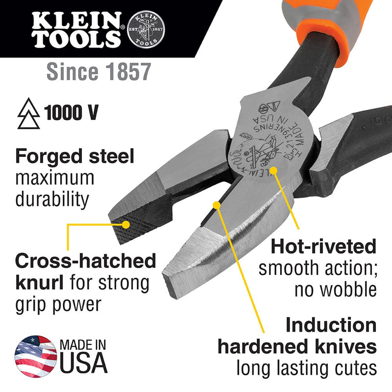 Klein Tools 2139NERINS 1000V Insulated Side Cutter Pliers, Made in USA, High Leverage Design, Induction Hardened Knives, 9-Inch