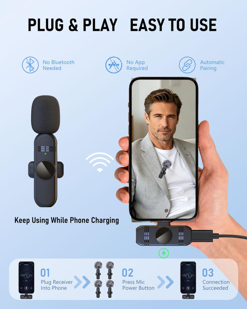 4 Wireless Lavalier Microphones Systems for iPhone Android Phone Pad Computer, Pro Clip On Mini Lapel Mics Little for Content Creators Video Recording Vlogging Podcast Stream, 48KHz 24Bit