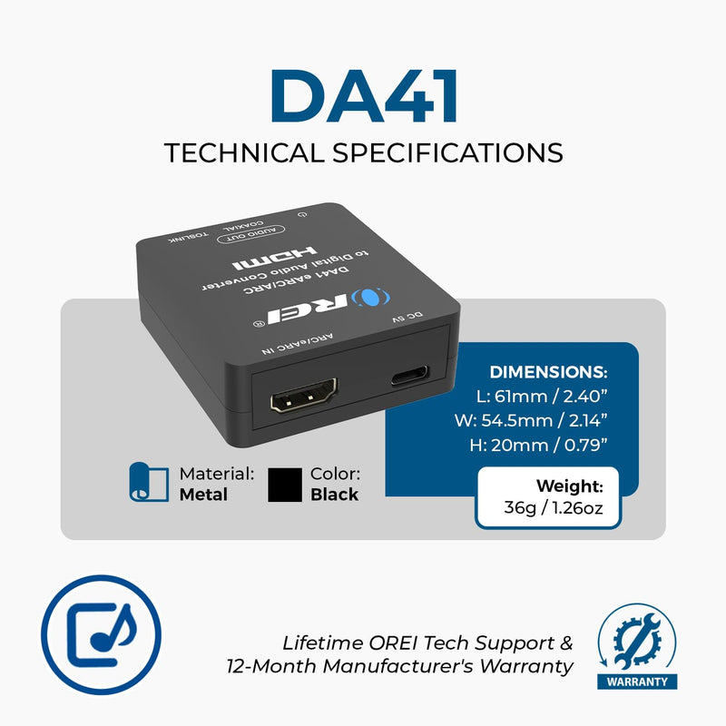 OREI eARC/ARC HDMI to Optical/Coaxial Audio Extractor, - Supports Dolby 5.1 Channel, DTS 5.1, LPCM 2.0 Channel HDTV Soundbar Speaker Amplifier (DA41)