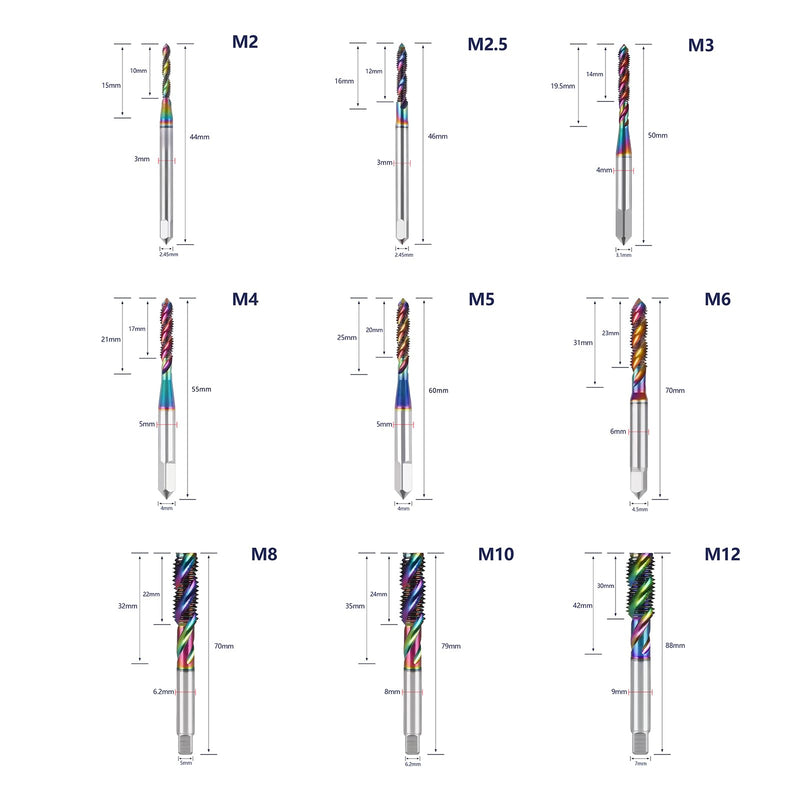 Tools DLC Coating Spiral Flute Taps High Speed Steel (HSS) 3 Flutes Machine Screw Tap Set Metric M2 M2.5 M3 M4 M5 M6 M8 M10 M12 Thread Tapping Tool 9cps M2 M2.5 M3 M4 M5 M6 M8 M10 M12 Set 9PC