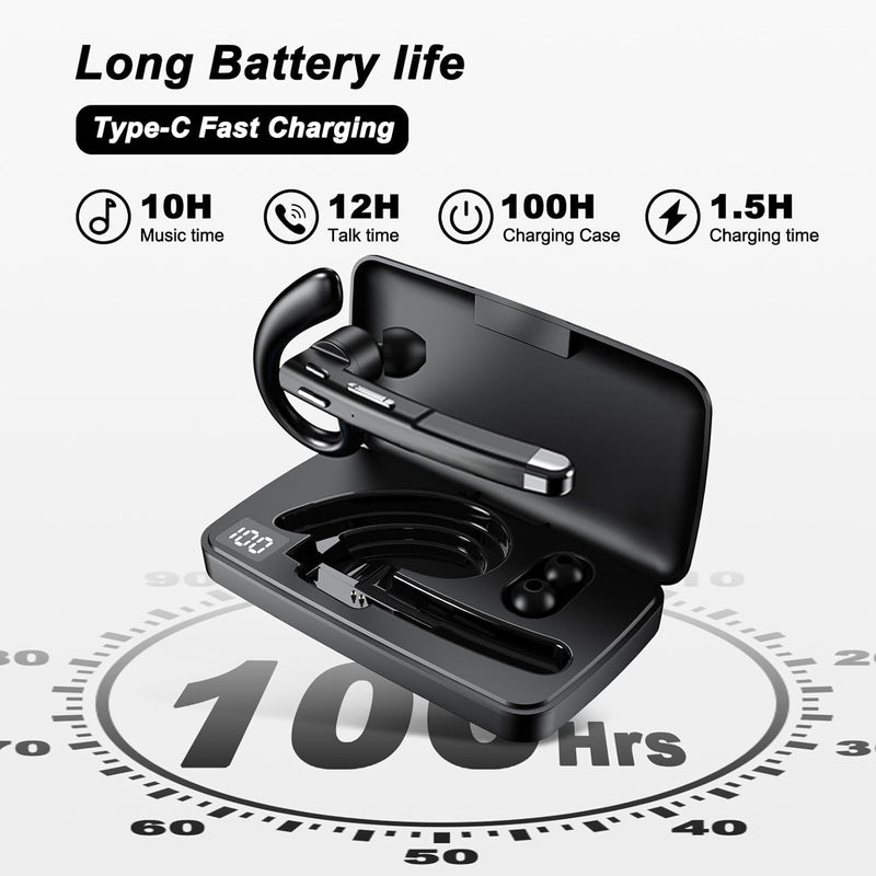 YYK520 Bluetooth 5.4 Wireless Headset with Mic, Noise Cancelling Earpiece, 100H Battery, Rotatable Earhook, Hands-Free Mute Button, IP55 Waterproof Headphone for Driving, Work & Business Calls
