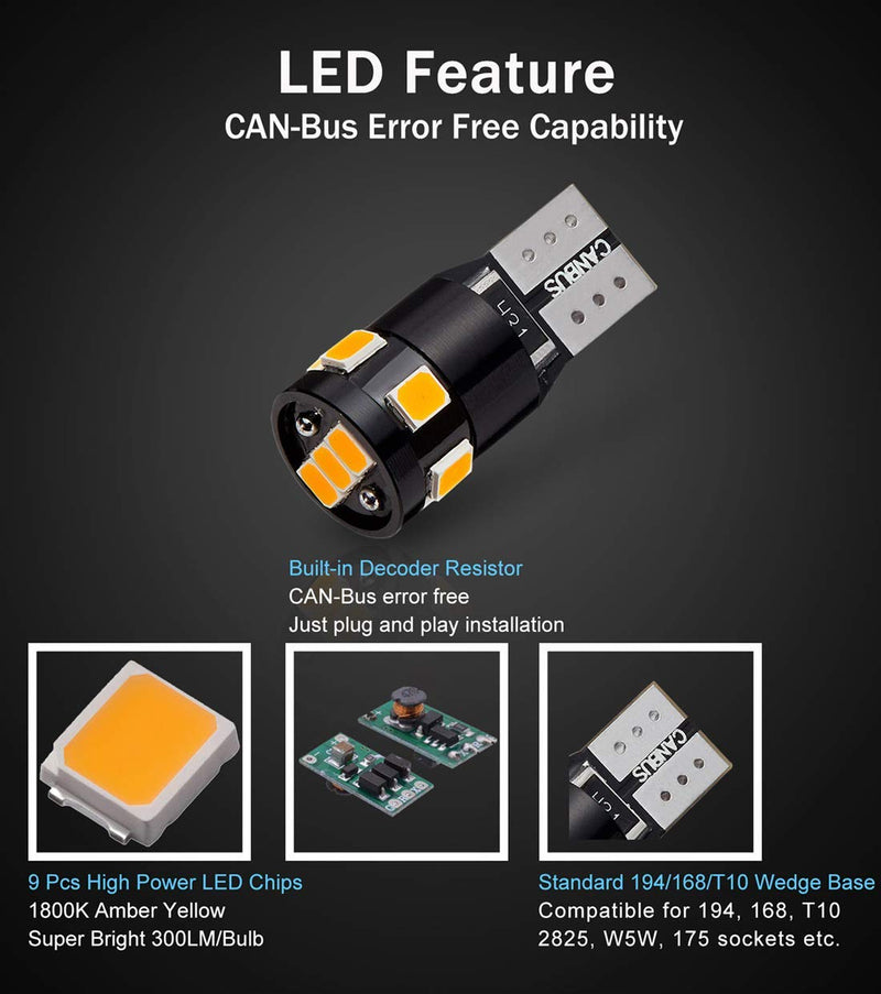 300LM Extremely Bright Canbus Error Free 194 168 2825 192 W5W T10 LED Bulbs Amber Yellow 9-SMD 2835 LED Chipsets for Side Marker Turn Signal Blinker Map Door Parking Lights (Pack of 4)