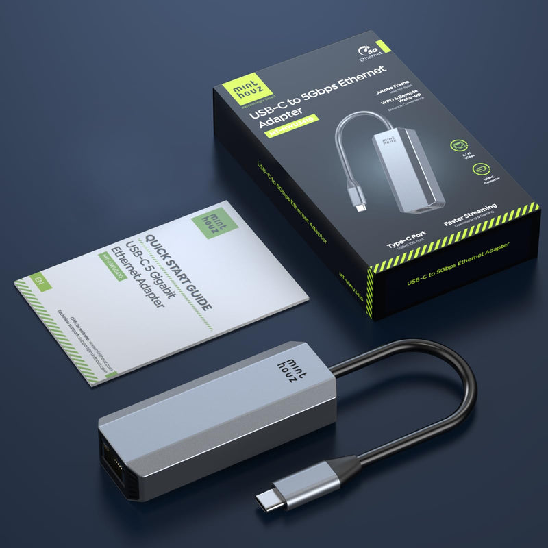 Minthouz 5Gbps USB-C to Ethernet Adapter, RJ45 to USB C 5 Gigabit LAN Network Adapter, Grey Aluminum Case Ethernet to USB Network Dongle Compatible with Laptops, Computers, MacBook, Surface and More MT-NWU341G